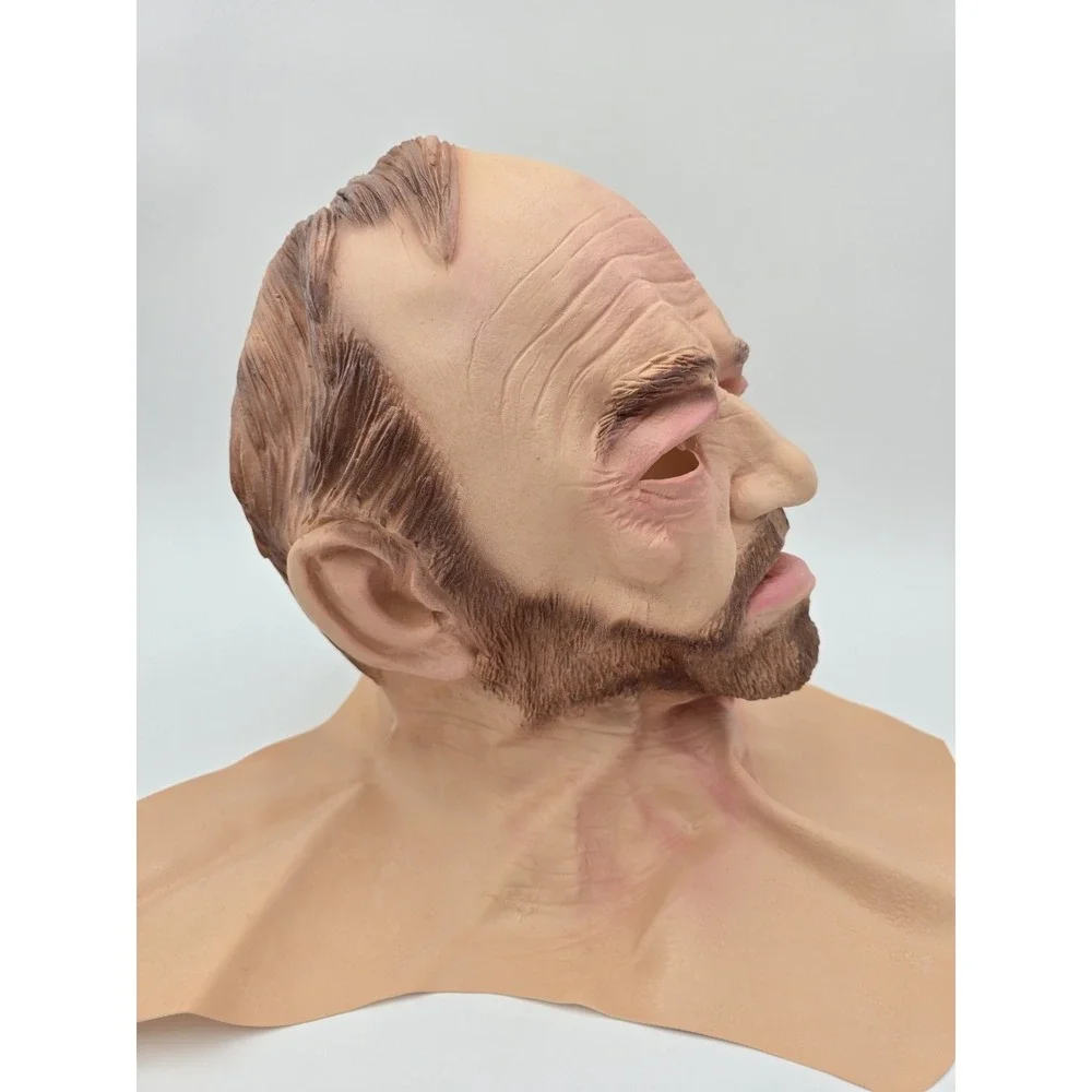 Full Head Mask Old Man Brown Hair Beard Wrinkles Bald Creepy Halloween